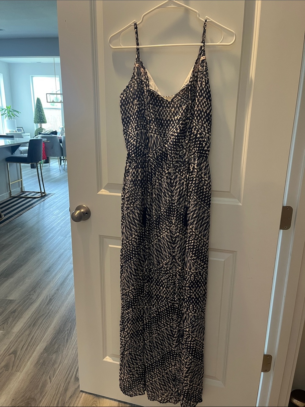 Black & White Printed Maxi Dress with Spaghetti Straps and tassel tie